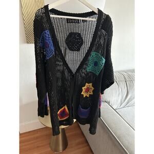 Vintage Black Boho Open Net Crochet Cardigan Size L Slushy Oversized Novelty